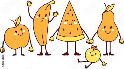 Happy cartoon fruits dancing together a joyful group of animated fruits in a lively pose