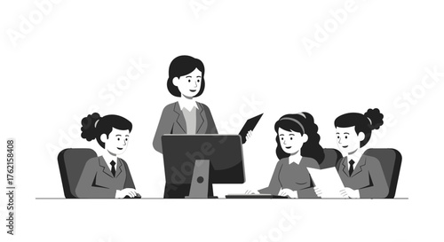 Business team collaborating on project presentation in modern office environment