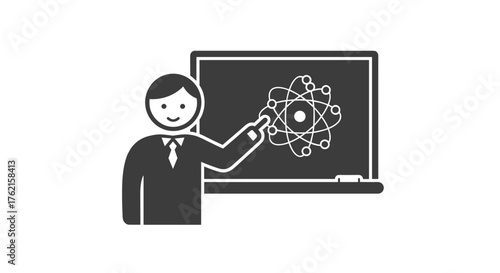 Teacher explaining atomic structure on chalkboard with pointer for educational purposes