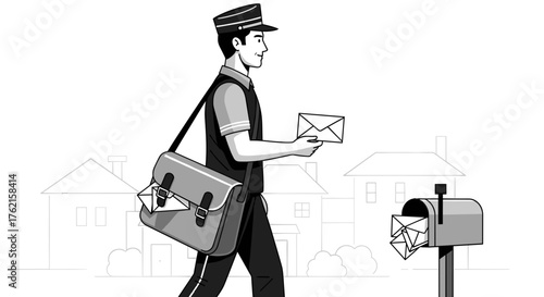 Dedicated mail carrier delivering important letters and packages to homes in a neighborhood