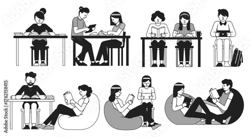 Students reading, studying, and relaxing with books and tablets in various poses