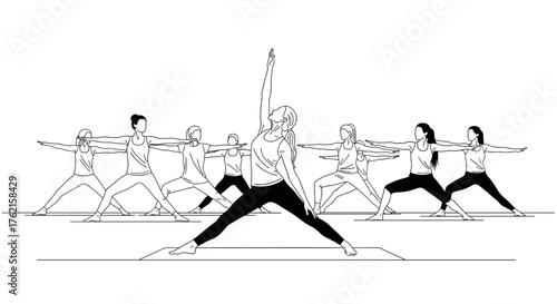 Group of women performing yoga poses, promoting wellness and mindfulness in studio