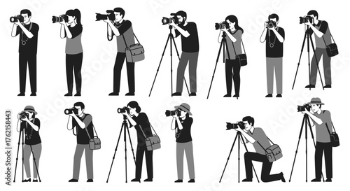 Group of photographers capturing moments with cameras and tripods in various poses