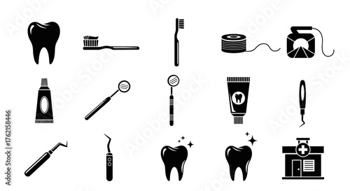 Essential dental health icons for clinics, hygiene, and patient care, clean and bright.