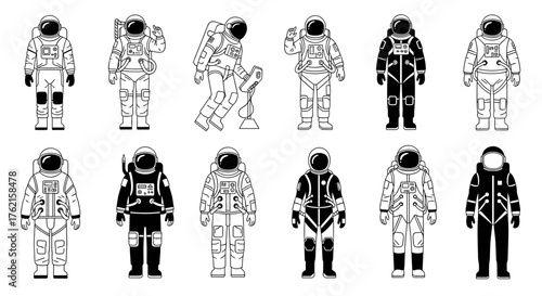 Astronauts in diverse poses ready for space exploration and cosmic adventures