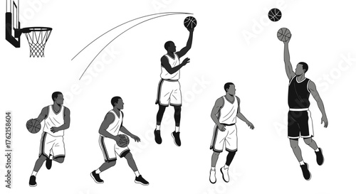 Dynamic basketball players in action, shooting, dribbling, and scoring with precision
