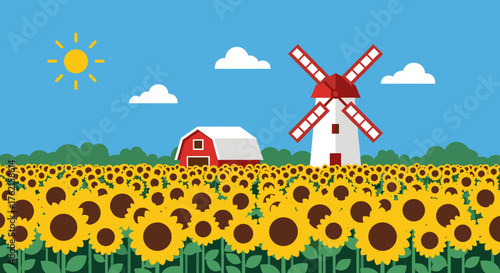 Vibrant sunflower field with windmill and barn under sunny blue sky, idyllic farm life