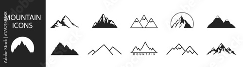 Mountain vector logo illustration — abstract nature landscape with peak, snow, and pyramid silhouette, adventure travel and hiking design on transparent background.