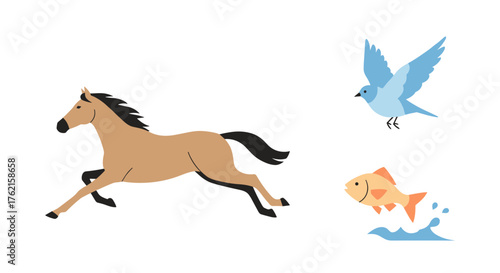 Dynamic wildlife scene featuring horse, bird, and fish in vibrant, playful illustration