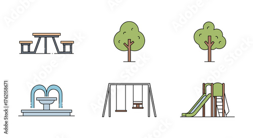 Playground scene with picnic table, trees, fountain, swings, and slide for family fun
