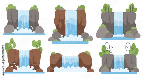 Stunning cartoon waterfalls cascading over rocky cliffs, nature's beauty in vibrant style