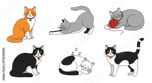 Charming collection of playful cartoon cats in various poses, ready for design use!