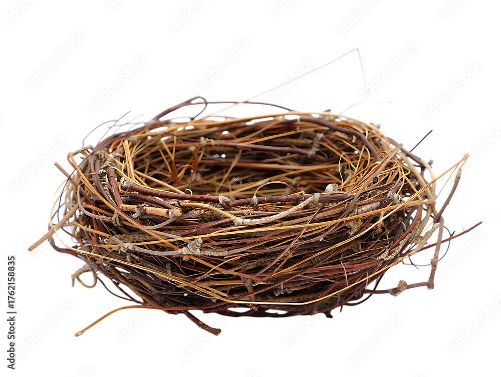Obraz premium Empty Birds Nest Made of Twigs on Black Background Still Life