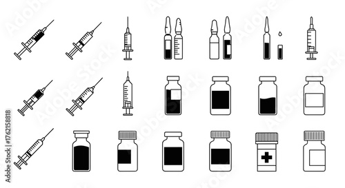 Medical injections and pill bottles illustration for healthcare and pharmaceutical needs