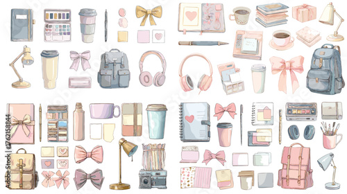 Watercolor illustration of cozy stationery and lifestyle items. Includes notebooks, bows, coffee cups, backpacks, and headphones in soft pastel tones for planner or branding design.