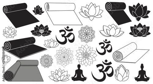 Serene yoga mats lotus flowers and om symbols for mindful wellness and meditation