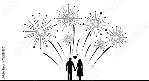 Couple holding hands celebrating love with vibrant fireworks show above them