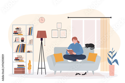 Smart woman sitting on sofa and reading book. Female character indoor, living room interior with furniture. Person relax after work. Bookworm reader. Education, knowledge.