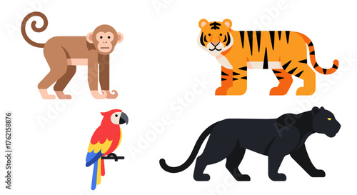 Vibrant jungle animals including monkey, tiger, parrot, and panther in flat design