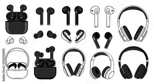 Modern wireless earbuds and headphones collection for sleek tech presentations and designs