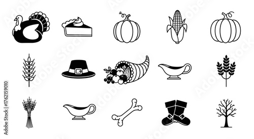 Harvest icons celebrate Thanksgiving feast with turkey, pumpkin, pie, corn, and bounty