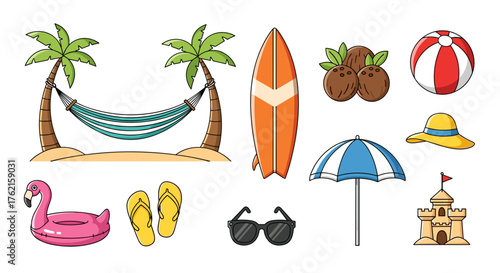 Vibrant tropical beach vacation icons for summer fun and relaxation