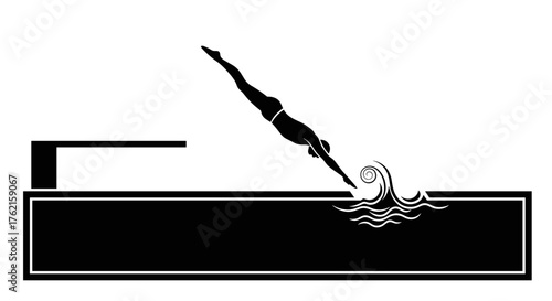 Dynamic diver silhouette leaps into water, creating splash, vector illustration for sports