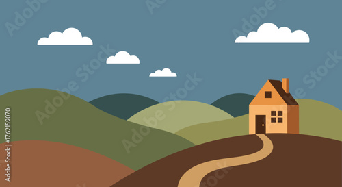 Charming countryside home nestled among rolling hills under a peaceful sky, inviting escape