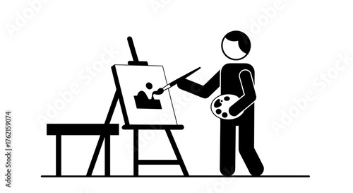 Creative artist with easel painting scenic landscape; vector graphic for art education