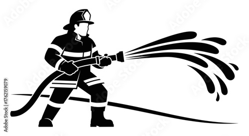 Brave firefighter heroically fighting fire with powerful water stream in emergency situation