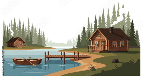 Serene lakeside cabin retreat with wooden boat and pier nestled amongst pine forest