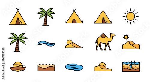 Vibrant desert icons set featuring tents, camels, and palm trees for travel and adventure