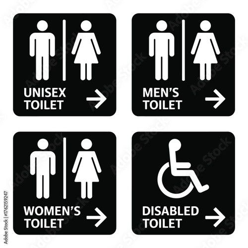 Collection of four black and white restroom signs indicating unisex men s women s and disabled toilet facilities with directional arrows isolated on white background