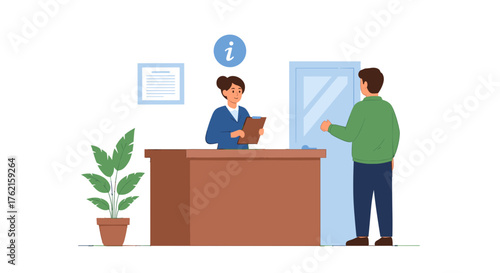 Friendly receptionist assists visitor at information desk in modern office lobby