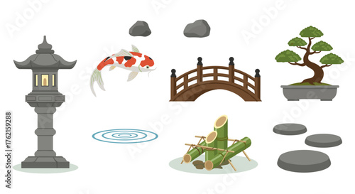 Serene Japanese garden elements tranquil lantern bridge koi fish bonsai tranquil nature scene