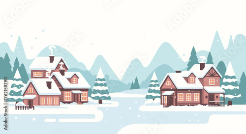Charming winter village scene with cozy homes and snow-covered trees, inviting festive spirit.