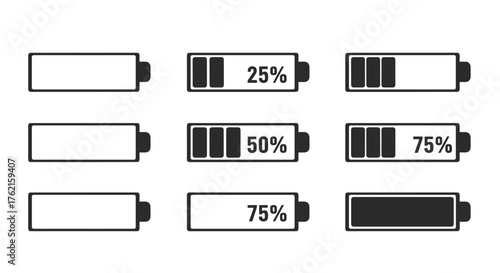 Modern battery level indicators showing charge from empty to full power