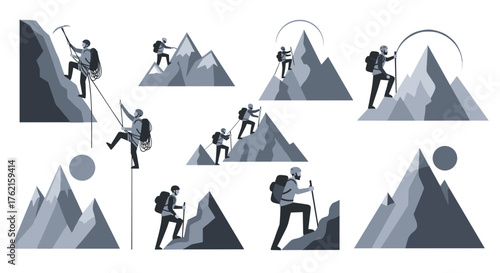 Adventurous climbers conquer majestic peaks, embracing challenge and outdoor exploration.