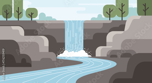 Serene waterfall cascades into flowing river surrounded by lush green trees and rocky cliffs