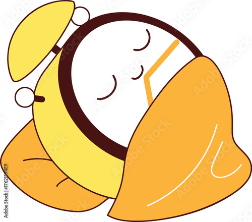 Cute cartoon alarm clock sleeping under a cozy blanket peaceful morning rest