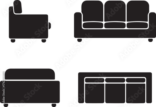 Sofa silhouette icons set side, front, back, and top views vector art illustration