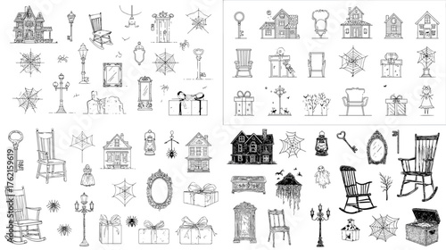 Hand-drawn vintage home decor set in black and white. Includes antique chairs, keys, lamps, clocks, and gifts. Perfect for retro design, scrapbook, logo, or tattoo art projects.