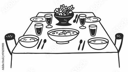 Classic lunch table set doodles scalable vector illustration plates soup