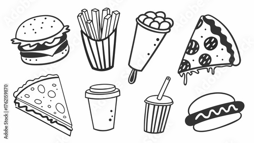Hand drawn vector icons of fast food meal collection scalable eps illustration