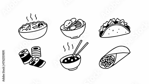 Global lunch favorites doodle set scalable vector illustration food icons
