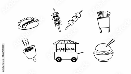Hand drawn vector street food icons kebab noodles hot dog ice cream cart