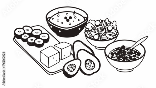 Hand drawn vector illustration of vegetarian meal set with tofu avocado and vegetables