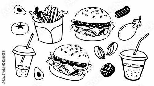 Hand-drawn vector illustration of a delicious plant-based burger lunch meal set