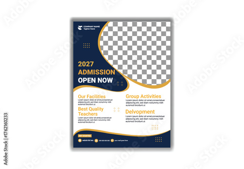 University and College Online Admission Navy Blue and yellow Flyer Template Modern Educational Promotion Poster Vector Illustration