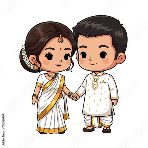 Cartoon illustration of a bride and groom in traditional Indian wedding attire holding hands.